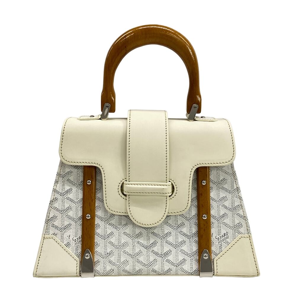 Goyard Saigon PM Handbag White Gray Brown Coated Canvas Leather